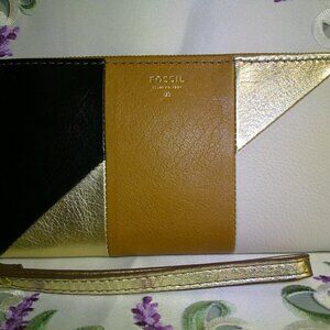 NWT Fossil Leather Wallet Zip Around Clutch Wristlet Neutral Multi Color Emma